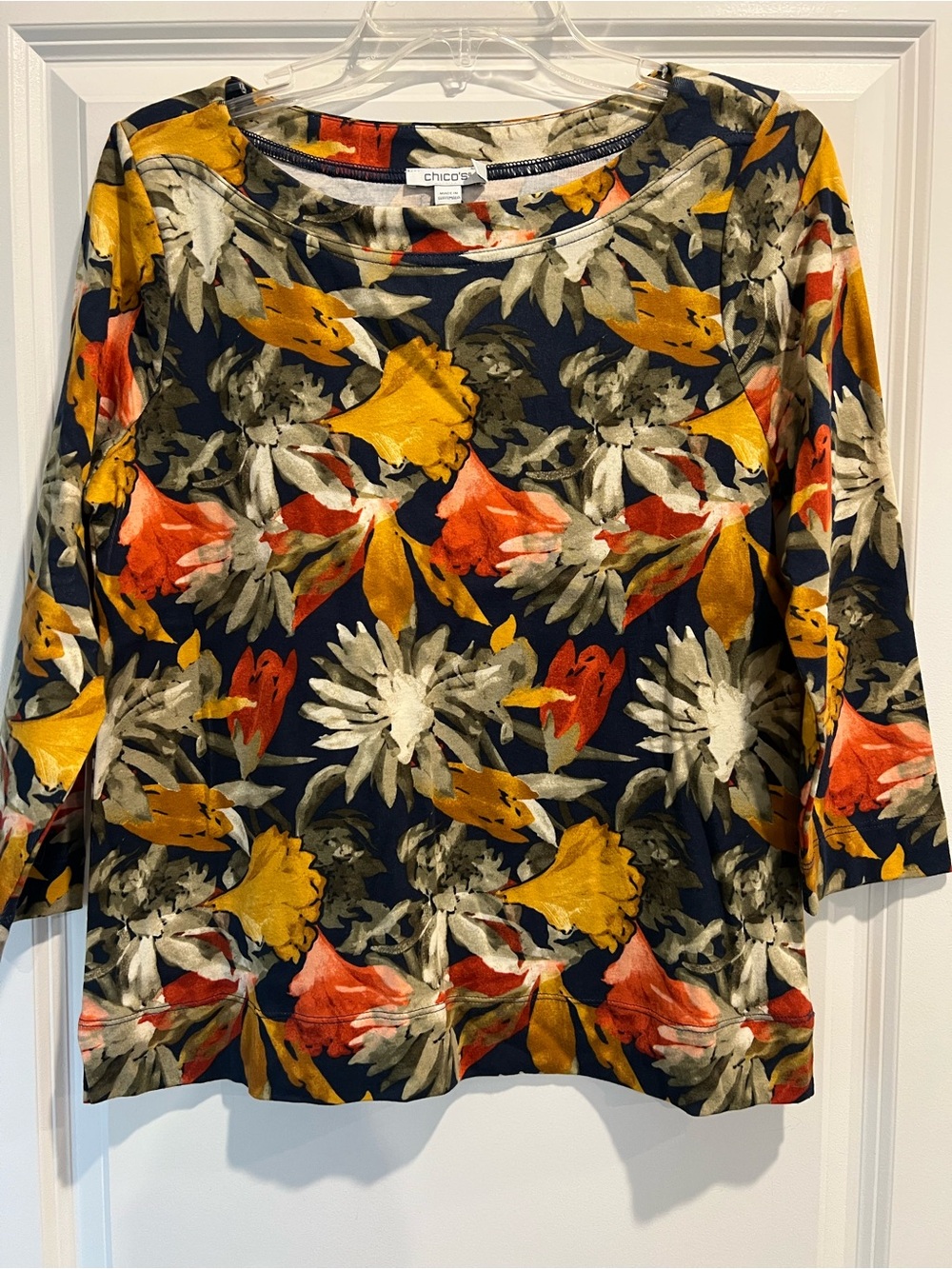 Chico's Navy Floral Boatneck Top with Mustard & Coral Accents